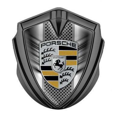 Porsche 3D Car Metal Domed Emblem Graphite Front Grille Black Yellow Logo