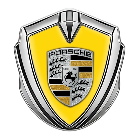 Porsche Trunk Metal Emblem Badge Silver Yellow Base Color Details Design
