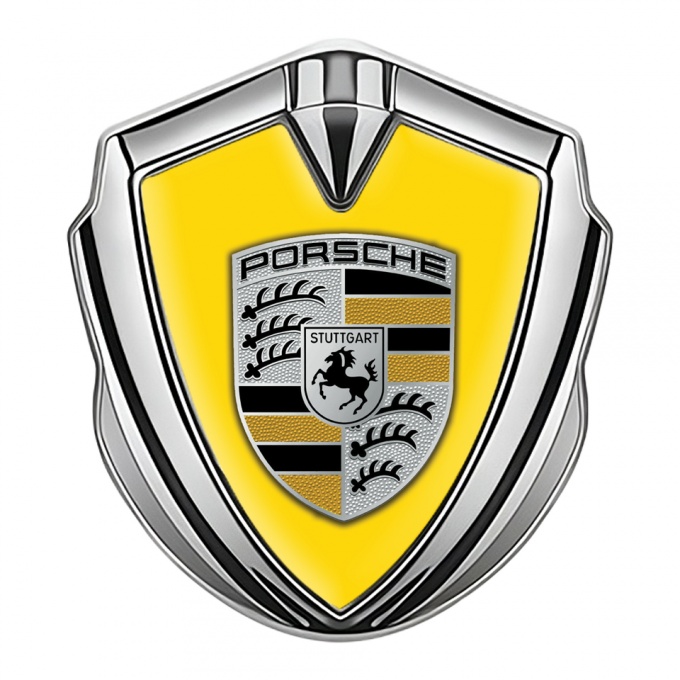 Porsche Trunk Metal Emblem Badge Silver Yellow Base Color Details Design