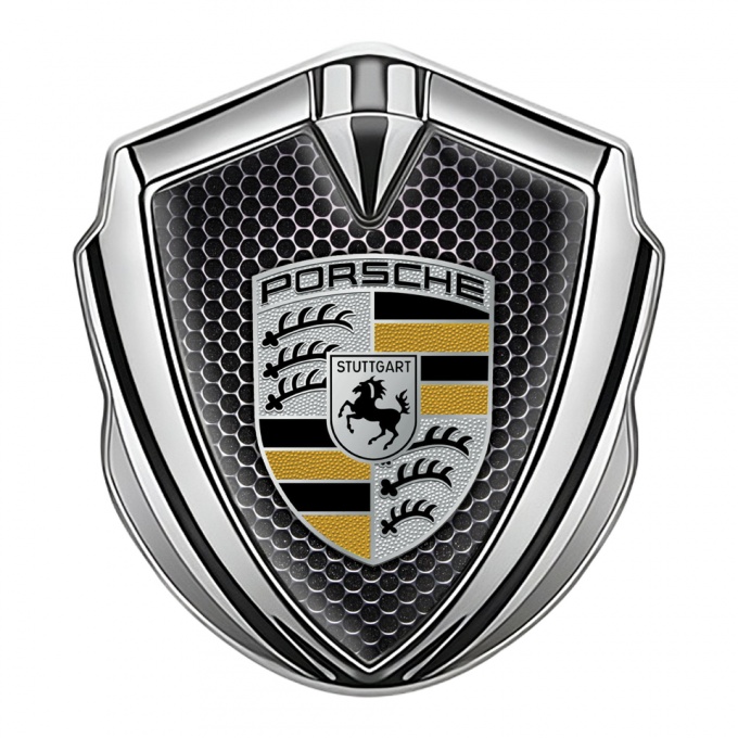 Porsche Fender Metal Domed Emblem Silver Dark Grate Color Elements