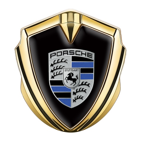 Porsche Bodyside Badge Self Adhesive Gold Black Base Blue Logo Motif