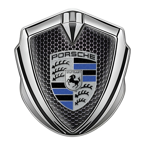 Porsche Bodyside Domed Emblem Silver Dark Mesh Navy Blue Logo Design