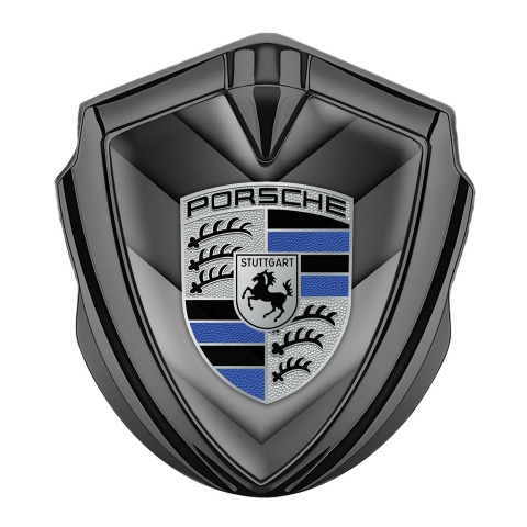 Porsche 3D Car Metal Domed Emblem Graphite Grey V Shaped Plates Blue Variant