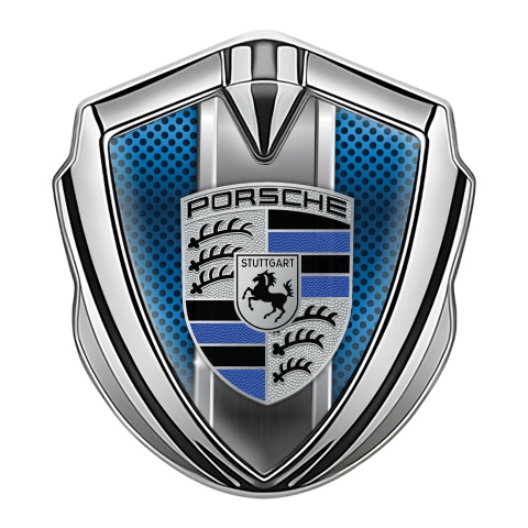 Porsche Fender Emblem Badge Silver Persian Blue Mesh Steel Pilon Motif
