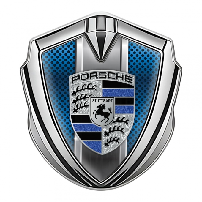 Porsche Fender Emblem Badge Silver Persian Blue Mesh Steel Pilon Motif
