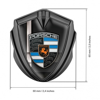 Porsche Fender Metal Domed Emblem Graphite Black Base Grey Sport Stripe