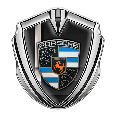 Porsche Fender Metal Domed Emblem Silver Black Base Grey Sport Stripe