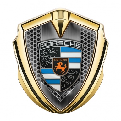 Porsche Trunk Emblem Badge Gold Grey Honeycomb Blue Elements Crest