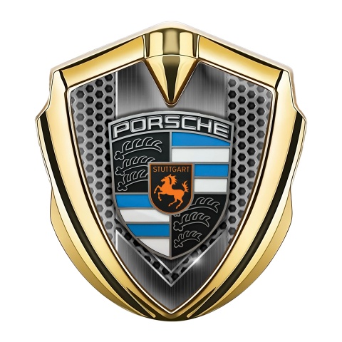 Porsche Trunk Emblem Badge Gold Grey Honeycomb Blue Elements Crest