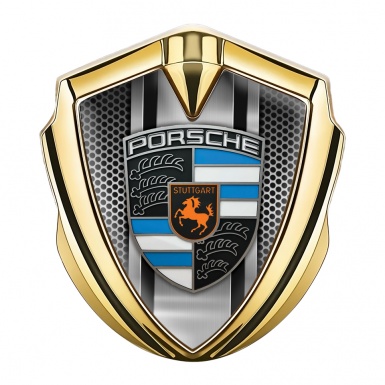 Porsche Metal Emblem Self Adhesive Gold Steel Grate Blue Elements Crest