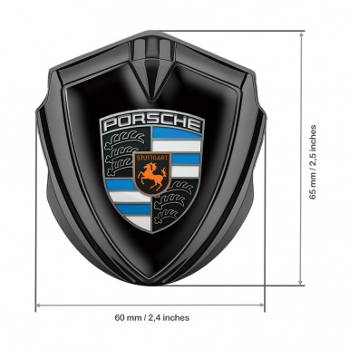 Porsche 3D Car Metal Domed Emblem Graphite Black Base Blue Segments