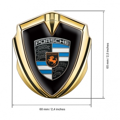 Porsche 3D Car Metal Domed Emblem Gold Black Base Blue Segments