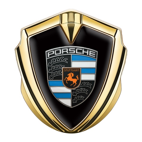 Porsche 3D Car Metal Domed Emblem Gold Black Base Blue Segments