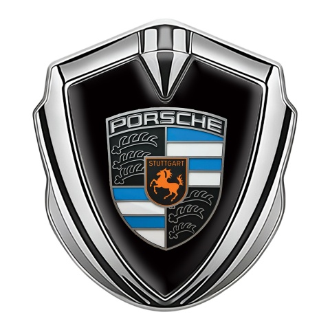 Porsche 3D Car Metal Domed Emblem Silver Black Base Blue Segments