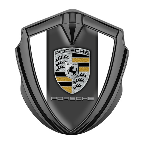 Porsche Fender Metal Domed Emblem Graphite White Grey Base Copper Motif