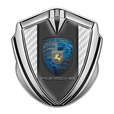 Porsche Bodyside Domed Emblem Silver White Carbon Blue Cogs Motif