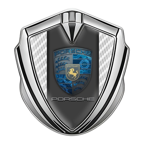 Porsche Bodyside Domed Emblem Silver White Carbon Blue Cogs Motif
