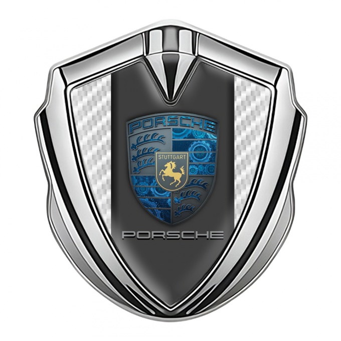 Porsche Bodyside Domed Emblem Silver White Carbon Blue Cogs Motif