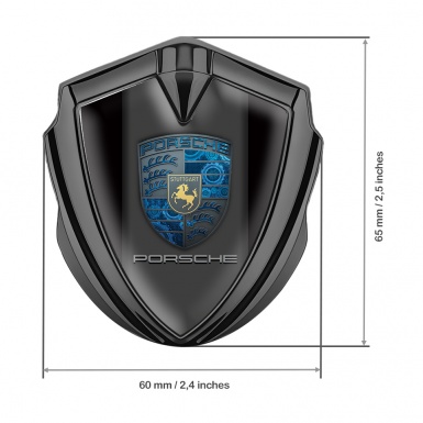 Porsche Fender Emblem Badge Graphite Black Base Pilon Electric Blue Cogs