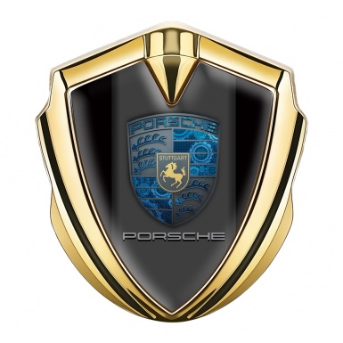 Porsche Fender Emblem Badge Gold Black Base Pilon Electric Blue Cogs