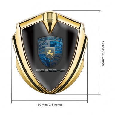 Porsche Fender Emblem Badge Gold Black Base Pilon Electric Blue Cogs