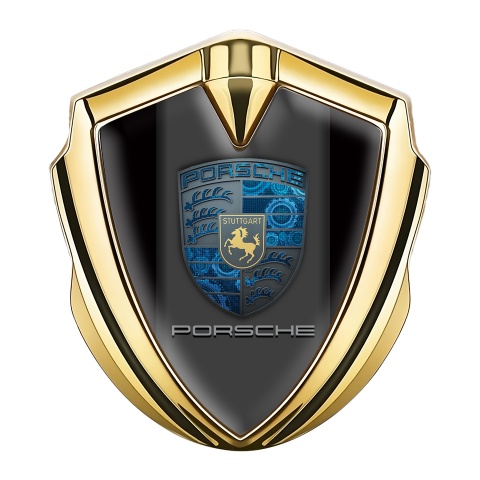 Porsche Fender Emblem Badge Gold Black Base Pilon Electric Blue Cogs