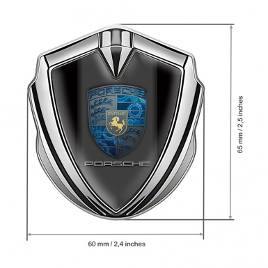 Porsche Fender Emblem Badge Silver Black Base Pilon Electric Blue Cogs