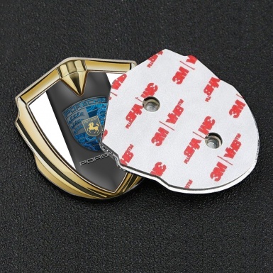 Porsche Fender Emblem Badge Gold White Base Pilon Electric Blue Gears