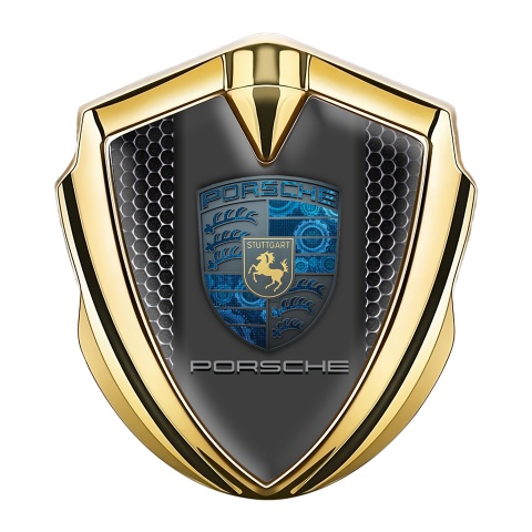 Porsche Bodyside Domed Emblem Gold Onyx Grate Mechanical Cogs Motif