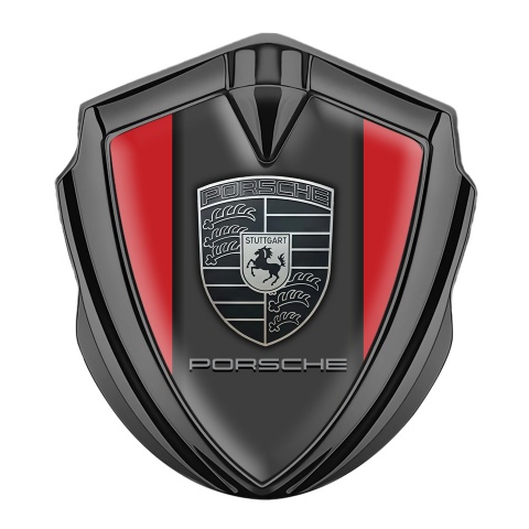 Porsche 3D Car Metal Domed Emblem Graphite Crimson Base Greyscale Crest