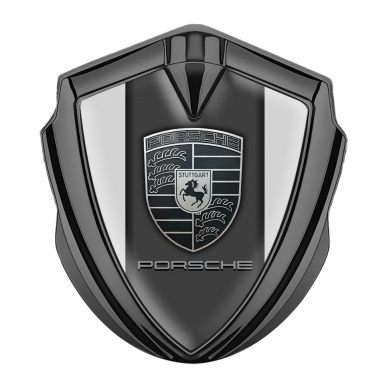Porsche Fender Metal Domed Emblem Graphite Grey Border Monochrome Motif