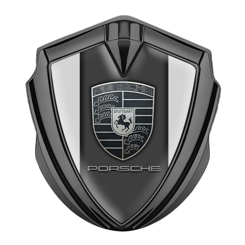 Porsche Fender Metal Domed Emblem Graphite Grey Border Monochrome Motif