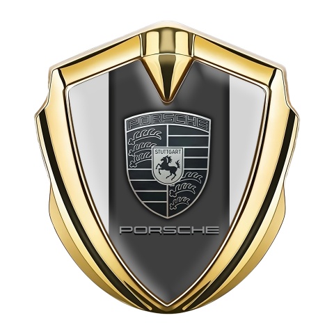 Porsche Fender Metal Domed Emblem Gold Grey Border Monochrome Motif