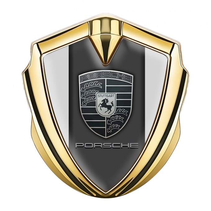 Porsche Fender Metal Domed Emblem Gold Grey Border Monochrome Motif