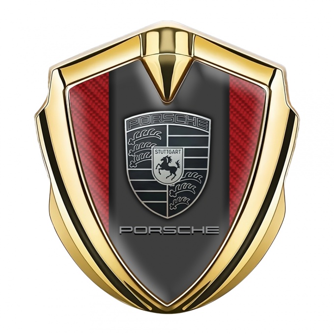 Porsche Bodyside Domed Emblem Gold Red Carbon Border Greyscale Logo