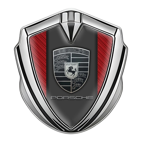 Porsche Bodyside Domed Emblem Silver Red Carbon Border Greyscale Logo
