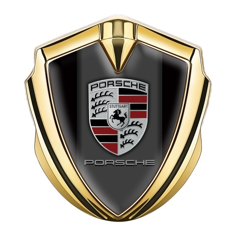 Porsche Fender Metal Domed Emblem Gold Onyx Color Base Classic Logo