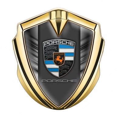 Porsche 3D Car Metal Domed Emblem Gold Steel Strokes Blue Crest Parts