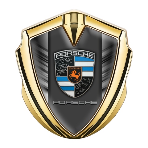 Porsche 3D Car Metal Domed Emblem Gold Steel Strokes Blue Crest Parts