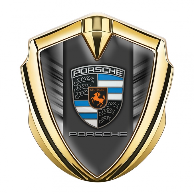 Porsche 3D Car Metal Domed Emblem Gold Steel Strokes Blue Crest Parts