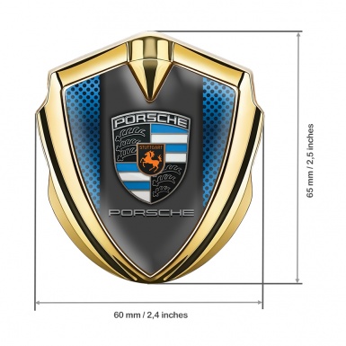 Porsche Fender Metal Domed Emblem Gold Persian Blue Mesh Classic Crest