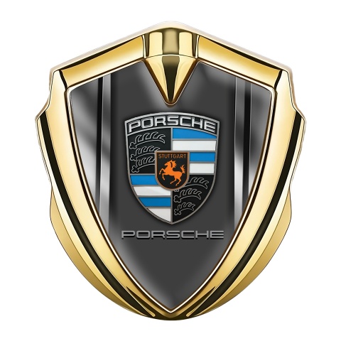 Porsche Bodyside Badge Self Adhesive Gold Metal Frame Blue Fragments