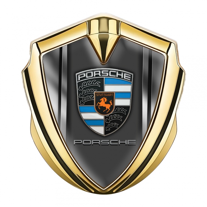 Porsche Bodyside Badge Self Adhesive Gold Metal Frame Blue Fragments