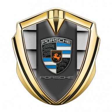 Porsche Fender Metal Domed Emblem Gold Steel Shutter Effect Blue Details