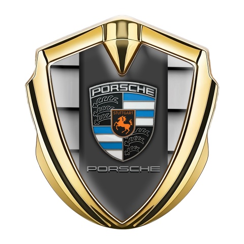 Porsche Fender Metal Domed Emblem Gold Steel Shutter Effect Blue Details