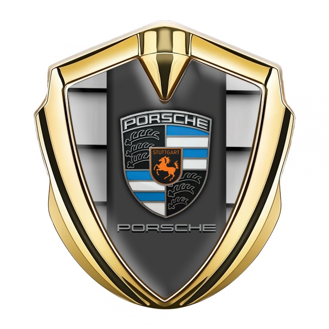 Porsche Fender Metal Domed Emblem Gold Steel Shutter Effect Blue Details