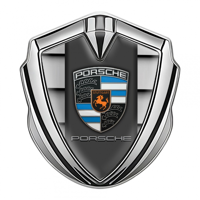 Porsche Fender Metal Domed Emblem Silver Steel Shutter Effect Blue Details