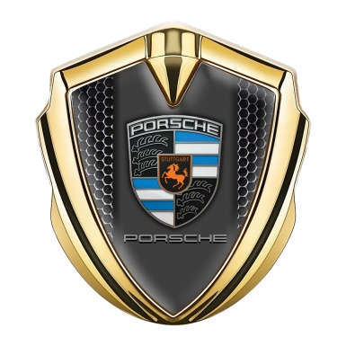 Porsche Fender Metal Domed Emblem Gold Steel Mesh Blue Crest Elements