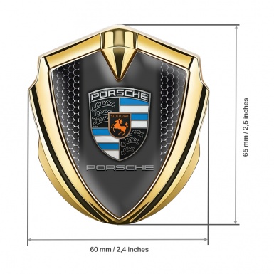 Porsche Fender Metal Domed Emblem Gold Steel Mesh Blue Crest Elements