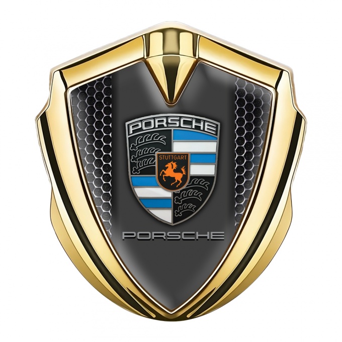Porsche Fender Metal Domed Emblem Gold Steel Mesh Blue Crest Elements